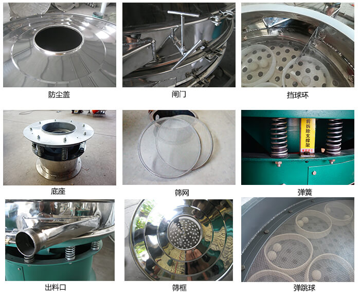 直径600型91香蕉视频官网细节：网架，料斗，筛框，挡球环，防尘盖，闸门，出料口。