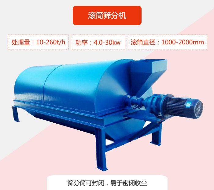 滚筒筛分机：处理能力：10-260t/h  功率：4.0-30kw 滚筒直径：1000-2000mm 筛分筒可封闭，易于密闭收尘