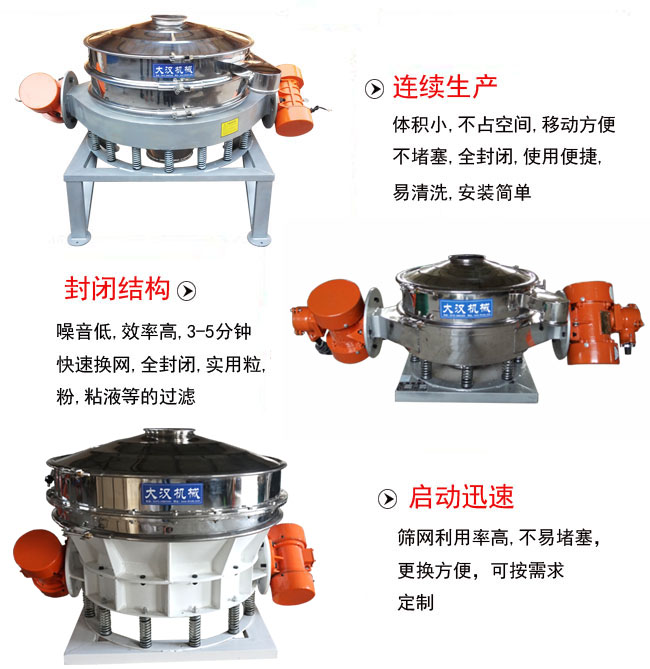 直径1000mm直排筛特点：连续生产：体积小，不占空间，移动方便，不堵塞，全封闭，使用便捷，易清洗，安装简单。封闭结构：噪音低，效率高，3-5分钟，快速换网，全封闭，实用粒，粉粘液等的过滤。启动迅速：筛网利用率高，不易堵塞，更换方便，可按需求定制。